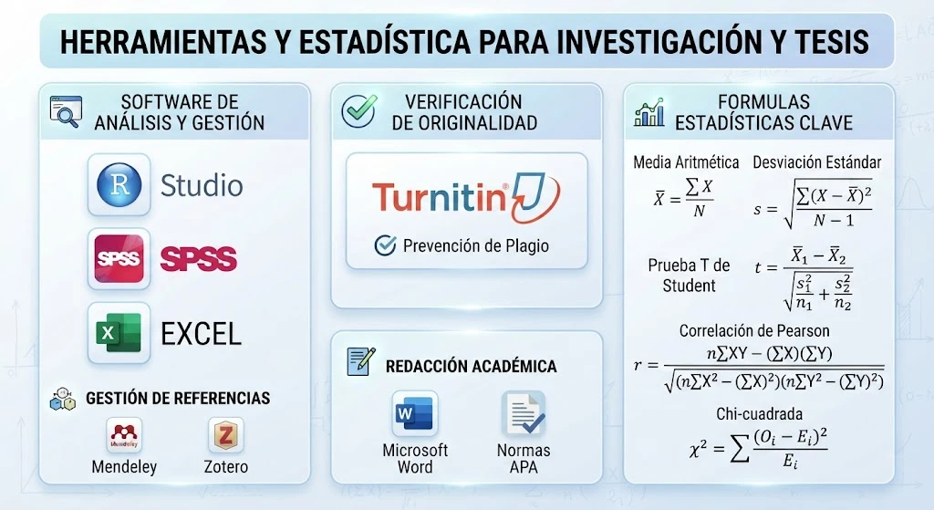 Herramientas de trabajo: RStudio, SPSS, Excel, Mendeley, Zotero, Turnitin, Microsoft Word y fórmulas estadísticas clave